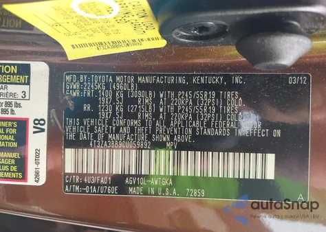 2012 Toyota Venza Le from USA, damaged, VIN 4T3ZA3BB9CU059892